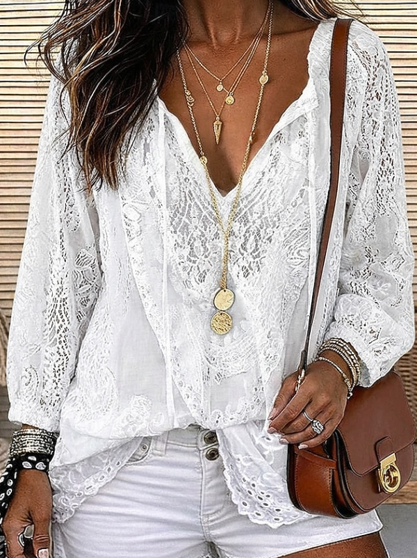 Amara | Boho Lace V-Neck Kimono Cardigan Top — White — Alfa Empire, view 3