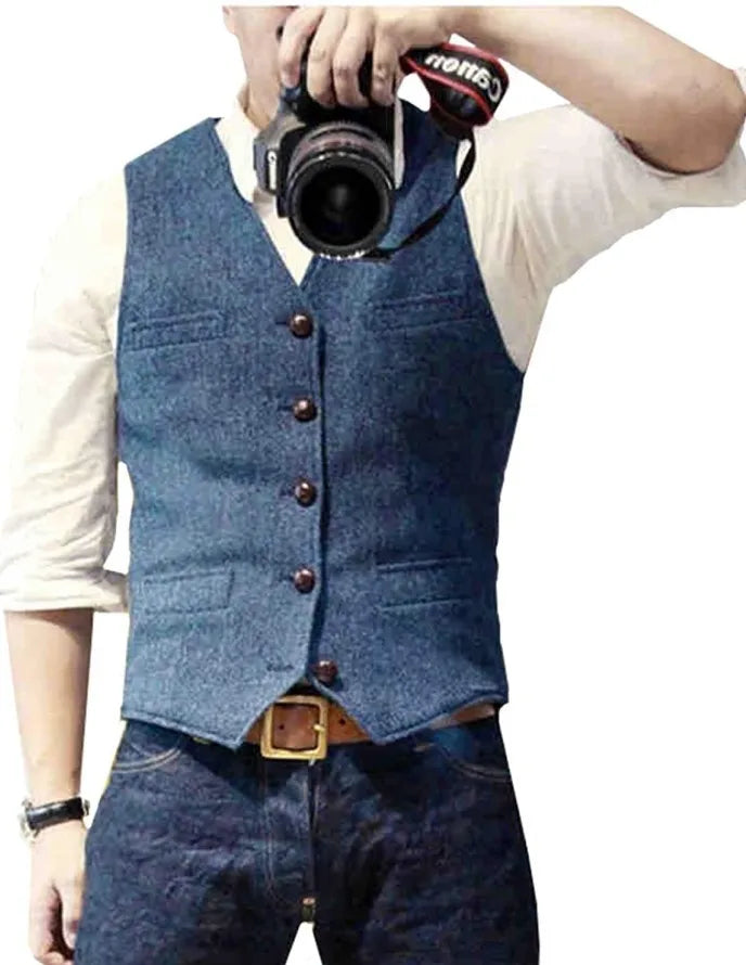Arthur | Classic Herringbone Tweed Waistcoat — Light Blue — Alfa Empire, view 14
