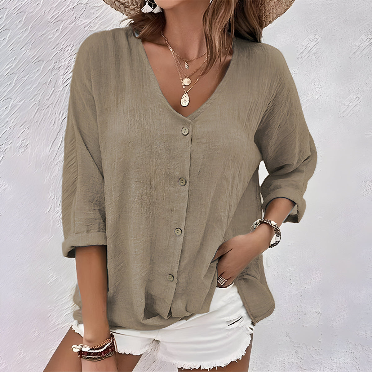 Bonnie | Casual Relaxed Button-Up Blouse — Khaki — Alfa Empire, view 7