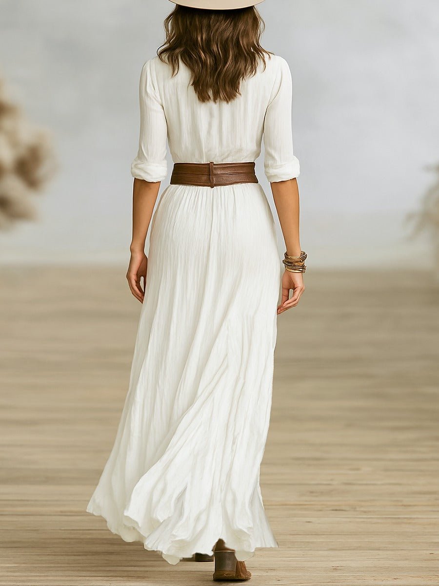 Crissanta | Long Belted Dress With Pleated Lapels — Alfa Empire, view 7