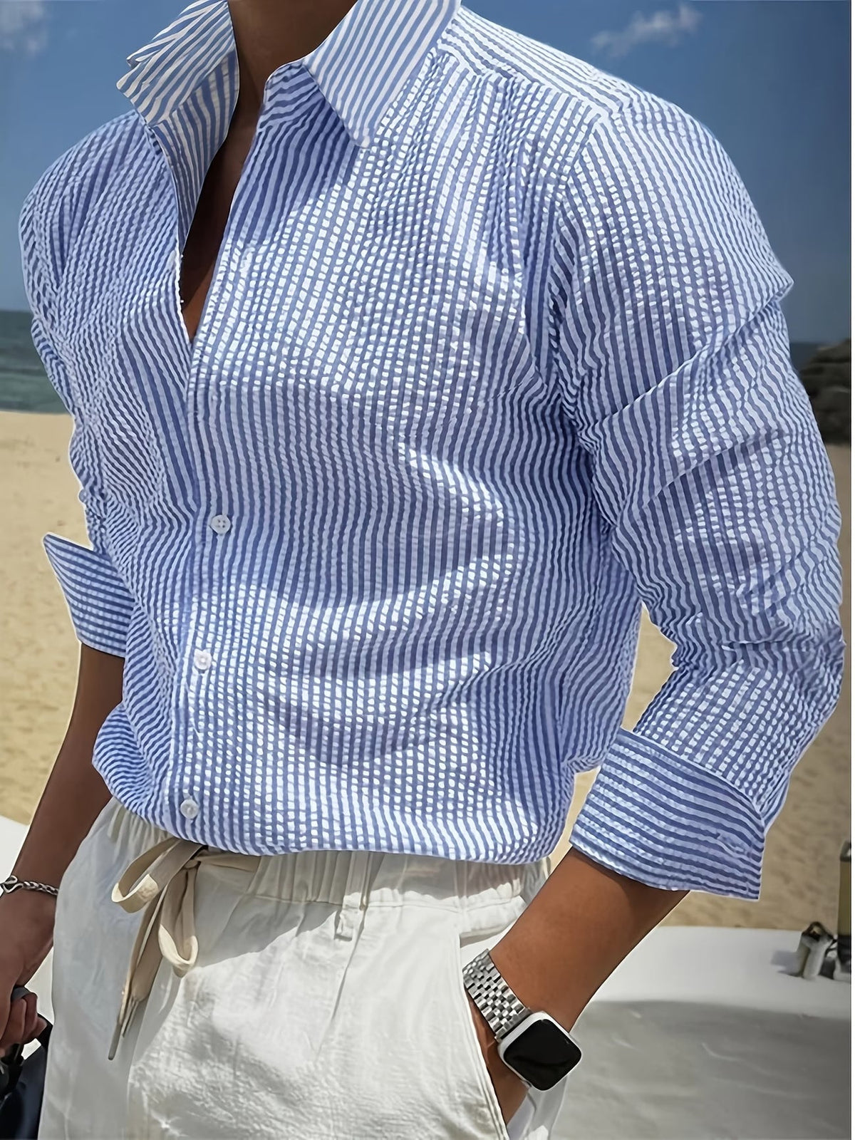 Damian | Breathable Striped Long-Sleeve Lapel Shirt — Blue — Alfa Empire, view 3