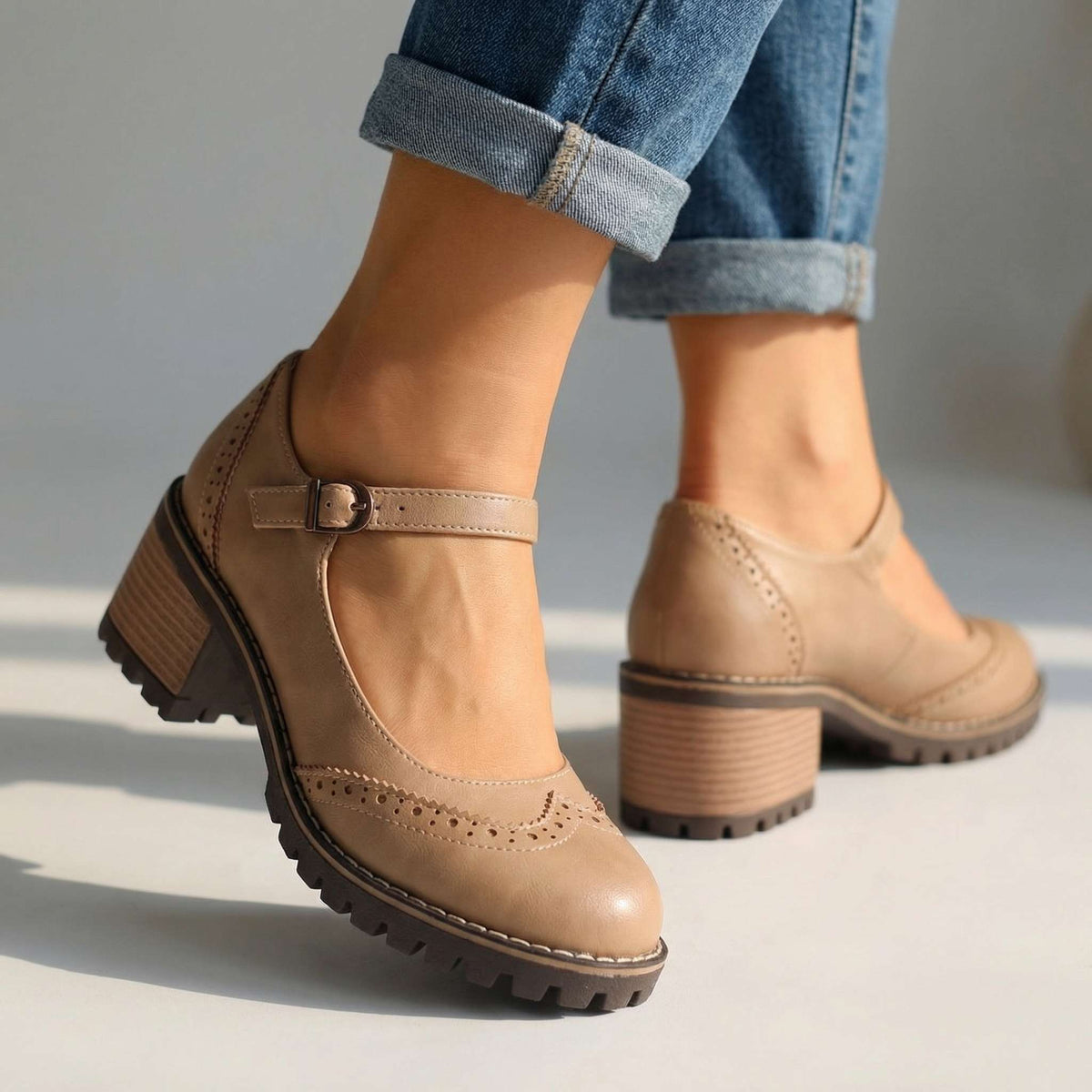 Darcy | Classic T-Strap Close Toe Heels — Khaki — Alfa Empire, view 9