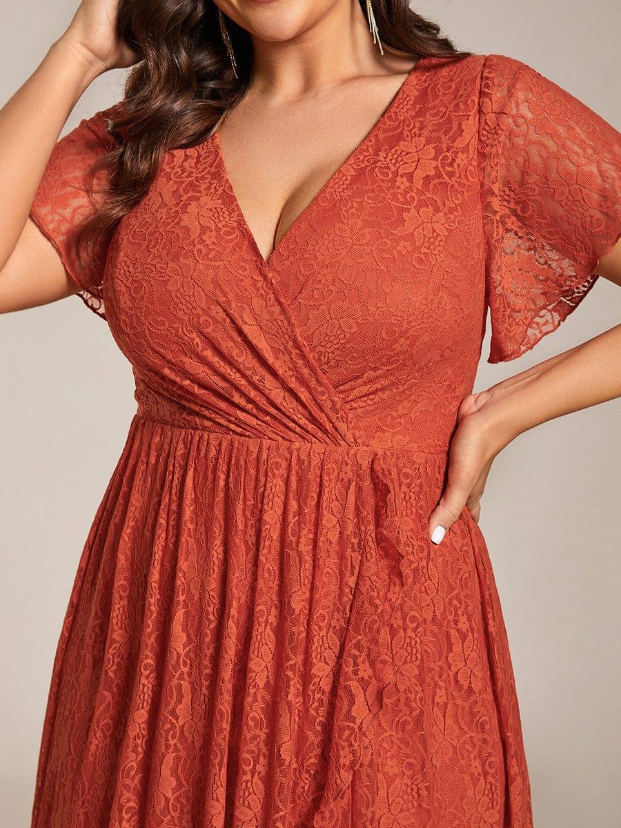 Lace Pleated V-Neck Short Sleeve Ruffled Wedding Guest Dress