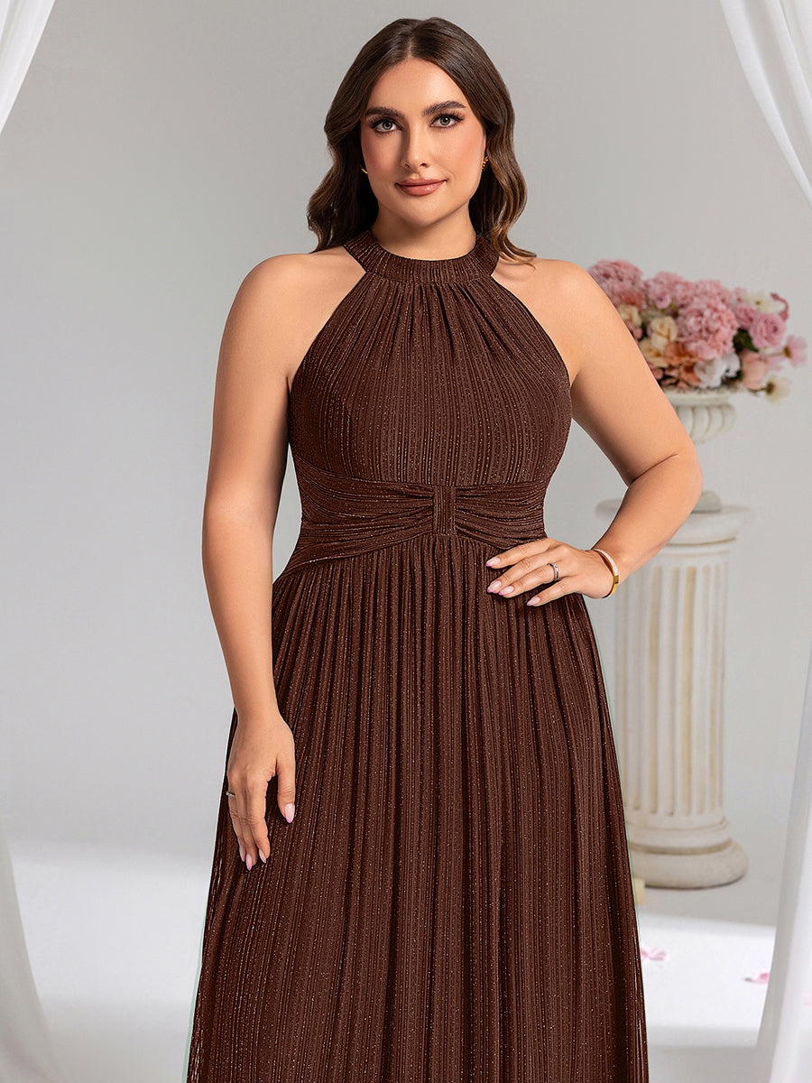Halter Neck Pleated Glittery Formal Evening Dress with Empire Waist