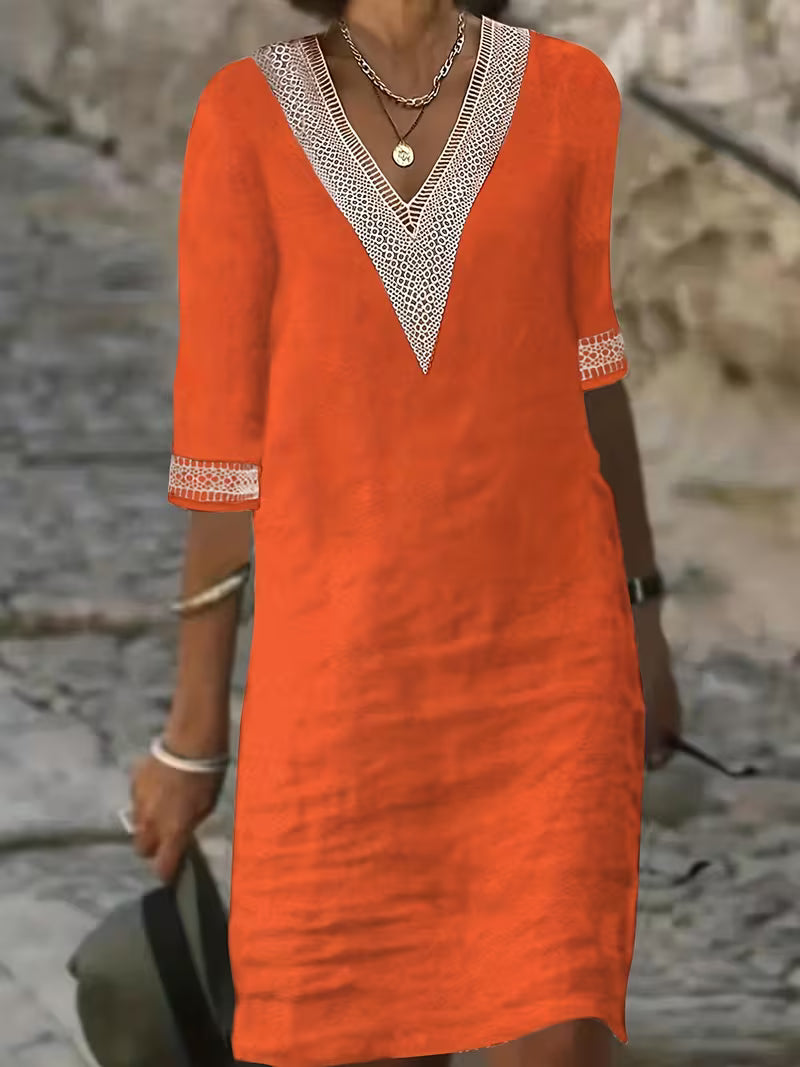 Imelda | Modern V-Neck Mid Sleeve Dress — Orange — Alfa Empire, view 5