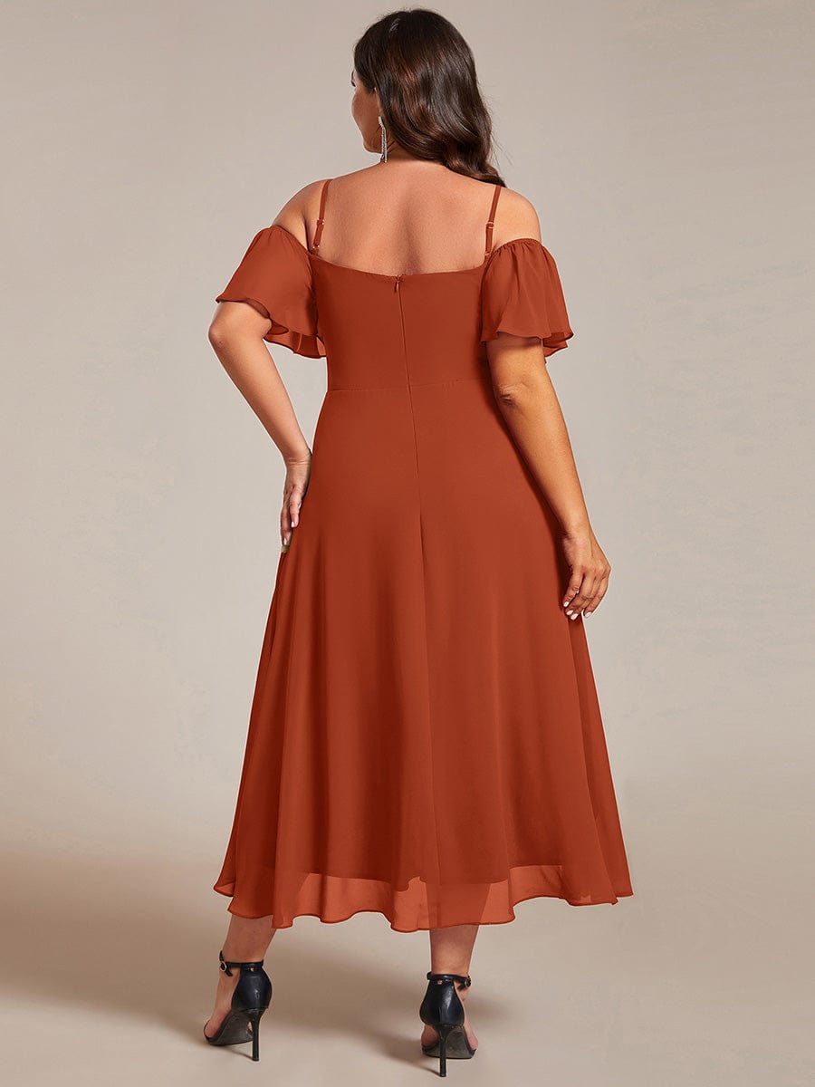 Plus Size Chiffon Cold Shoulder Sweetheart Necklin Midi Wedding Guest Dress