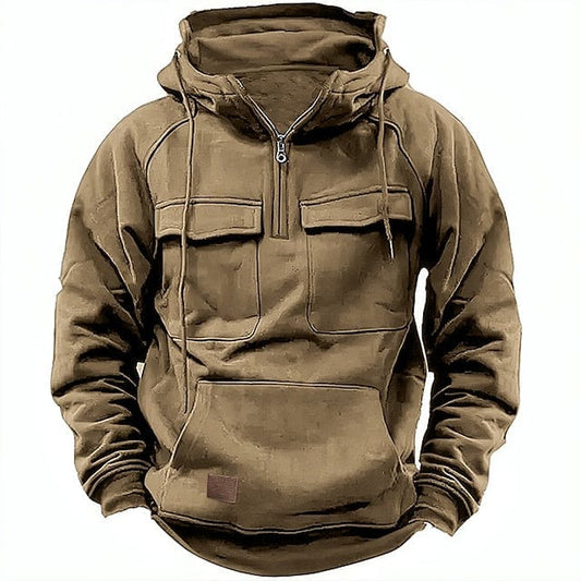 Men's Hooded Fleece-Lined Quarter-Zip Pullover — Khaki — Alfa Empire, view 2