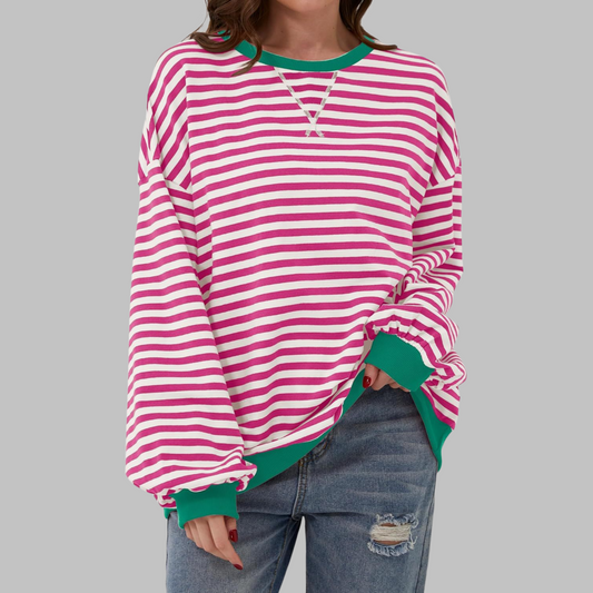 Mireille | Casual Long Sleeve Striped Sweatshirt — Rose Red — Alfa Empire, view 2