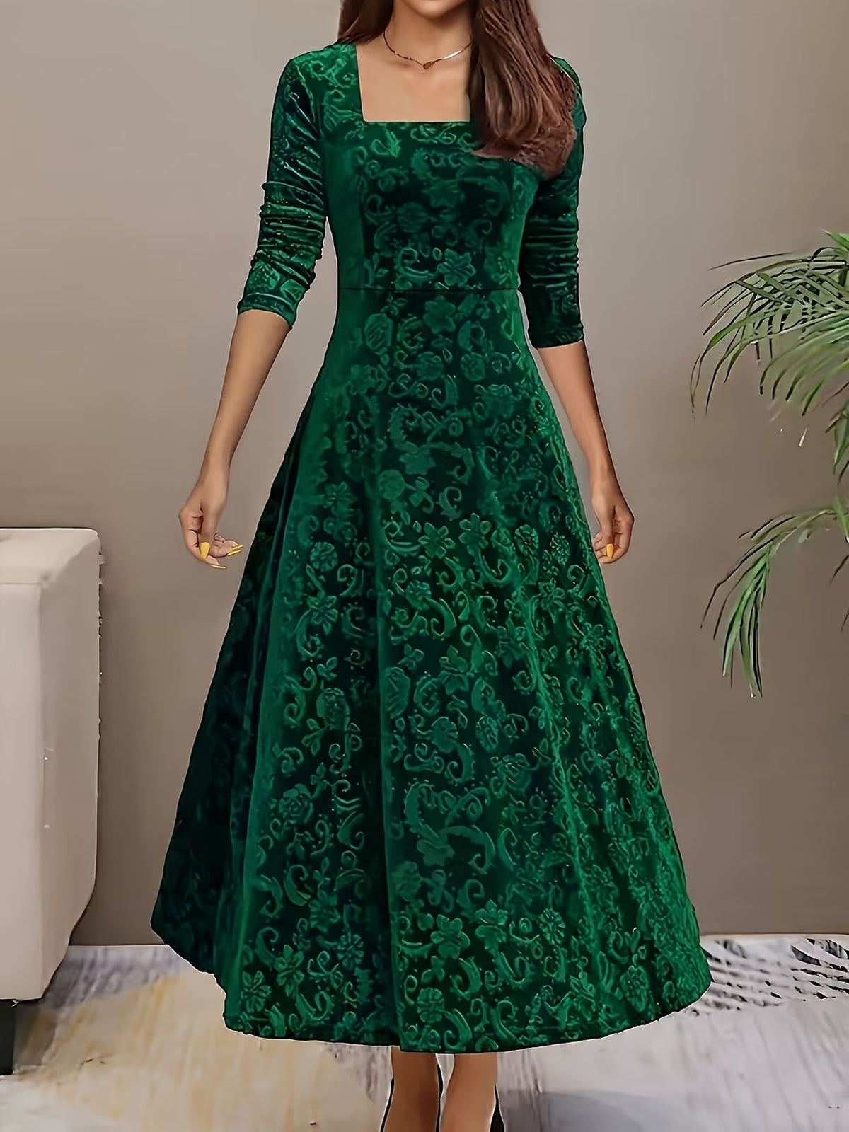 Renata | Refined Mid Sleeve Floral Dress — Green — Alfa Empire, view 5