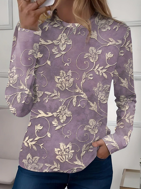 Robyn | Casual Long Sleeves Crew Neck Floral Shirt — Purple — Alfa Empire, view 6