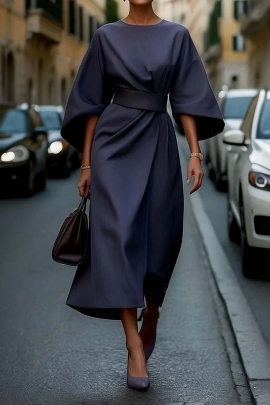 Selina | Refined Lantern Sleeves Dress — Navy Blue — Alfa Empire, view 2