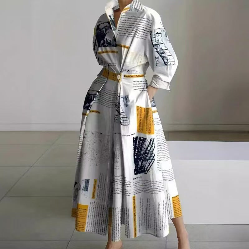 Vienna | Refined Front Wrap Collared Maxi Dress — Yellow Newspaper — Alfa Empire, view 16