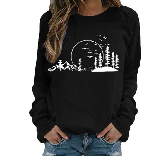 Women's Crewneck Sweatshirt with Nature Graphic Print — Black — Alfa Empire, view 2