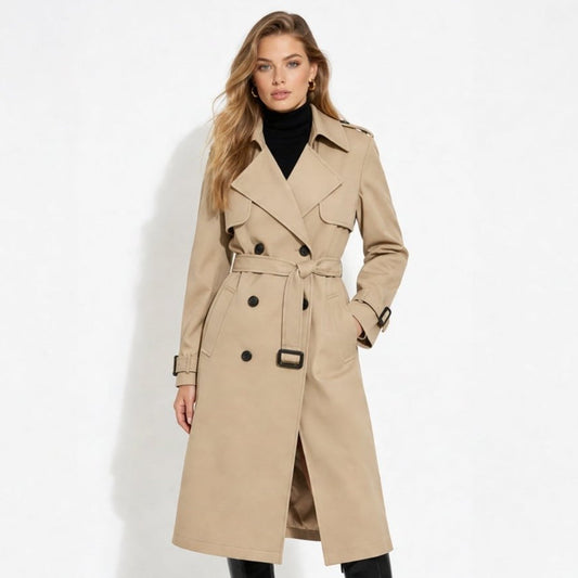 Women's Double-Breasted Belted Trench Coat Oversized Fit — Khaki — Alfa Empire, view 2