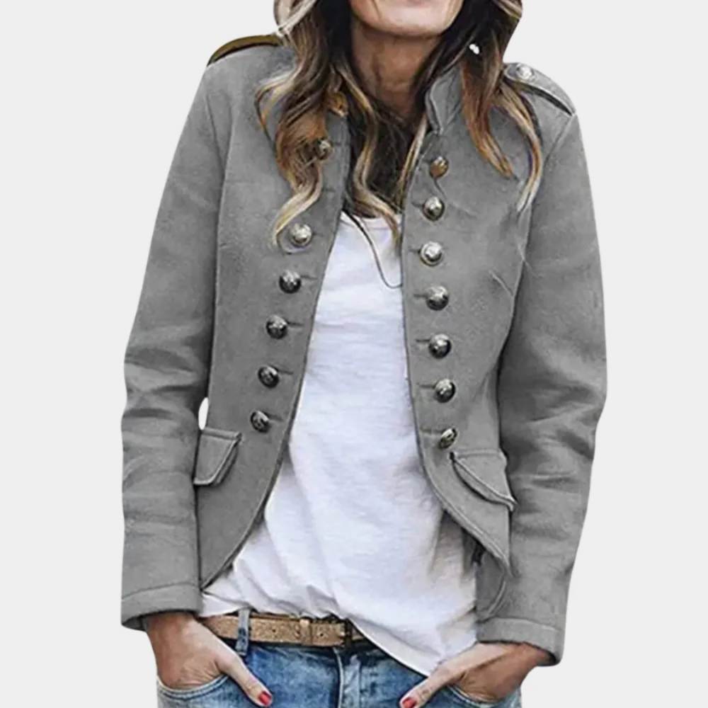 Women's Double-Breasted Military Jacket with Button Detail — Gray — Alfa Empire, view 3