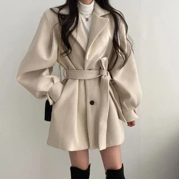 Women's Double-Breasted Wrap Coat with Tie Belt — Beige — Alfa Empire, view 2