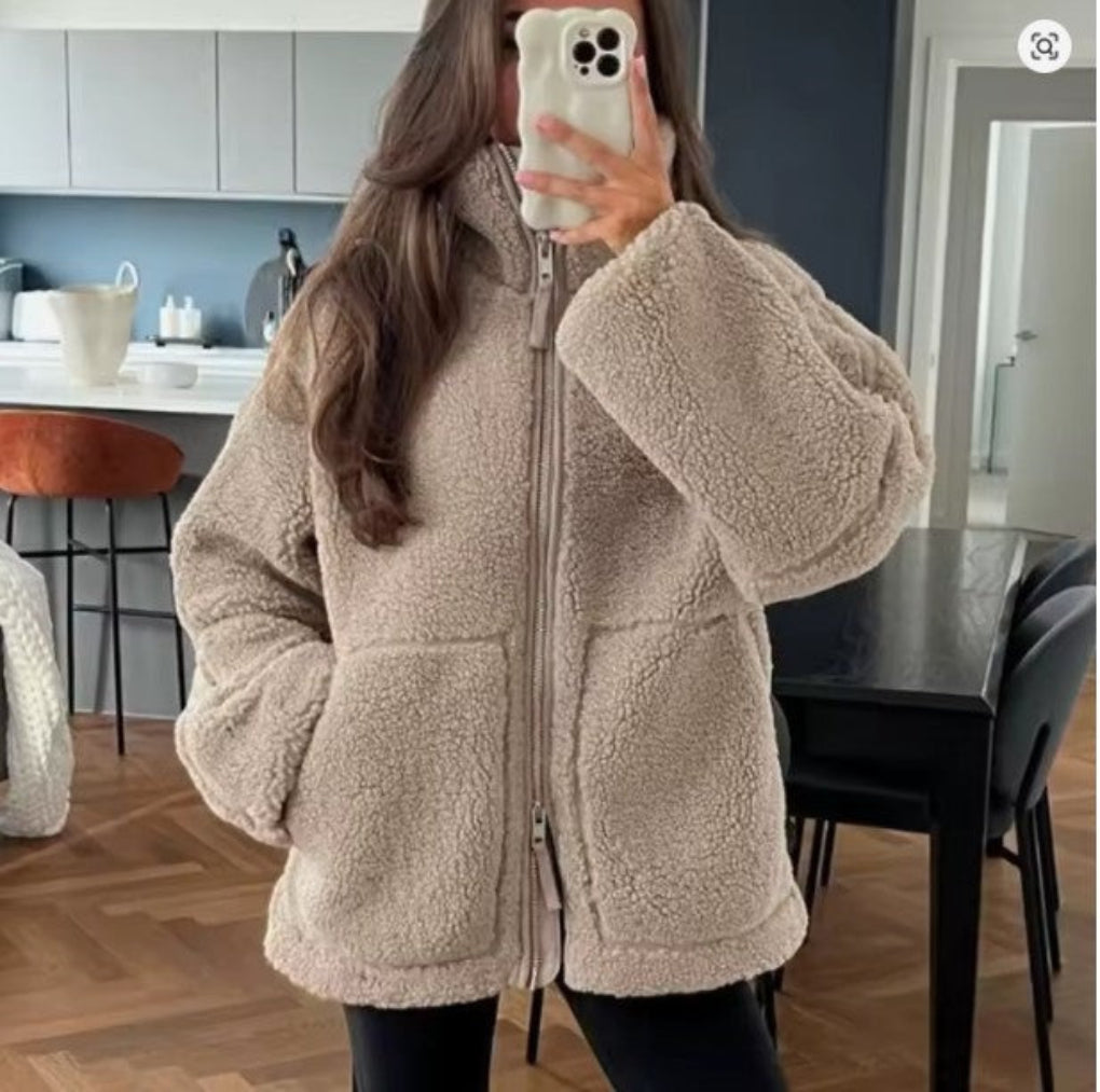 Women's Oversized Teddy Fleece Jacket Full-Zip — Coffee — Alfa Empire, view 2