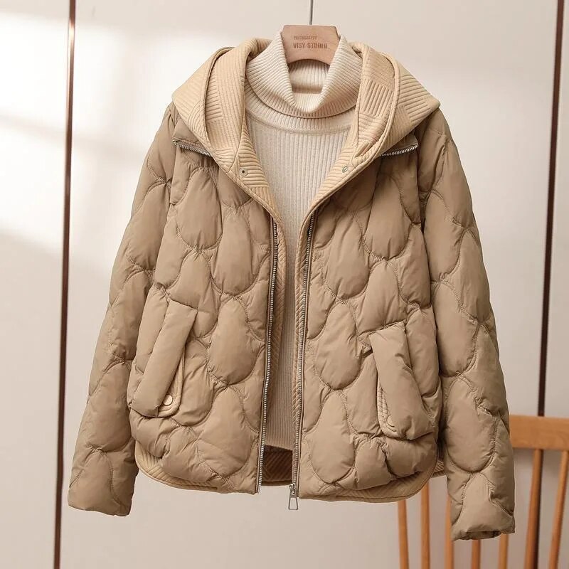 Women's Quilted Puffer Jacket with Hood and Zip Front — Khaki — Alfa Empire, view 3