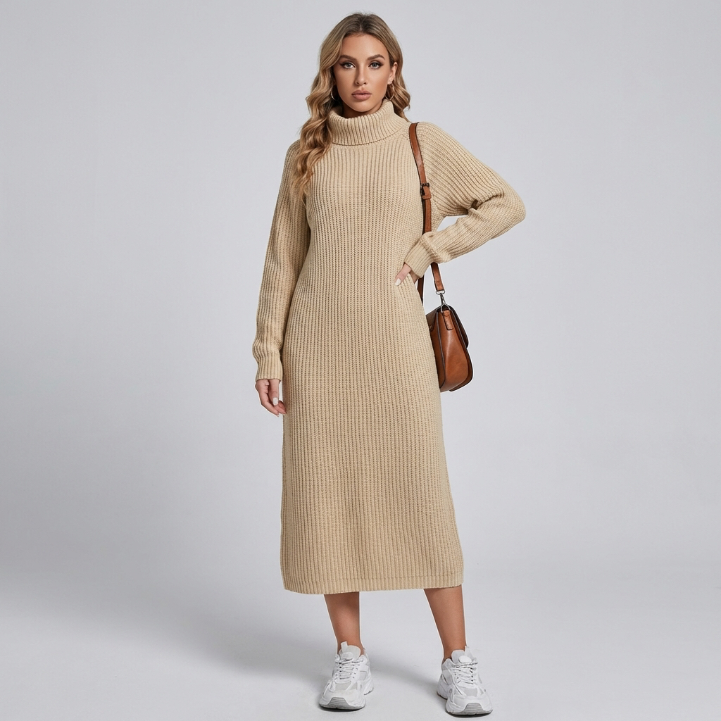 Women's Ribbed Turtleneck Midi Sweater Dress — Alfa Empire, view 6