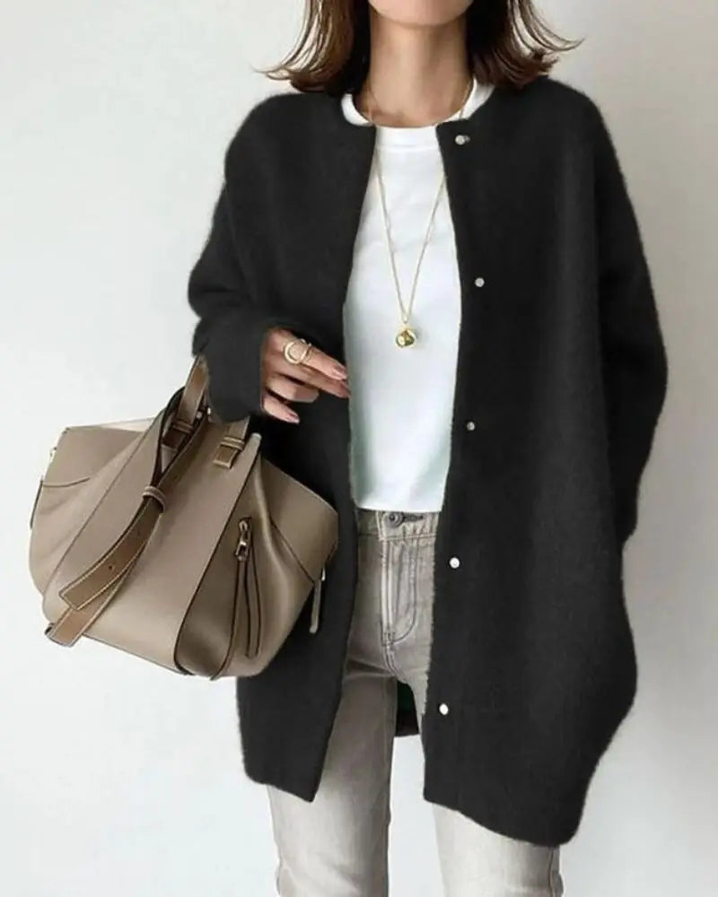 Women's Snap-Front Long Cardigan with Round Neck — Black — Alfa Empire, view 6