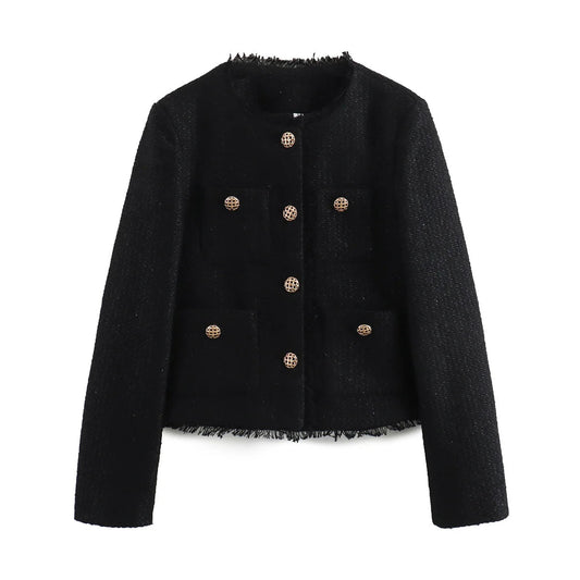 Women's Textured Blazer Gold Button Front with Patch Pockets — Black — Alfa Empire, view 2