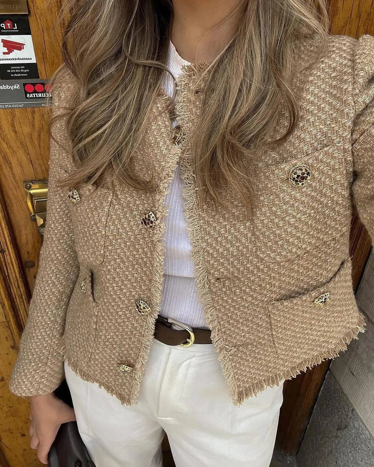 Women's Textured Blazer Gold Button Front with Patch Pockets — Alfa Empire, view 7