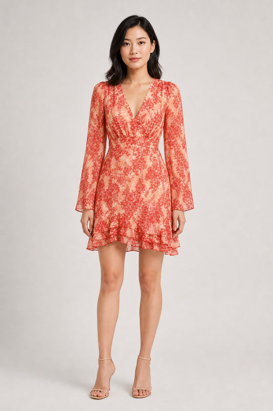 Natalie coral botanical chiffon mini dress - front view