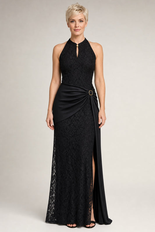 Allison black lace and satin draped maxi dress - studio front view