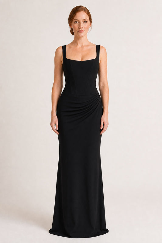 Violet black square-neck draped maxi dress - studio front view