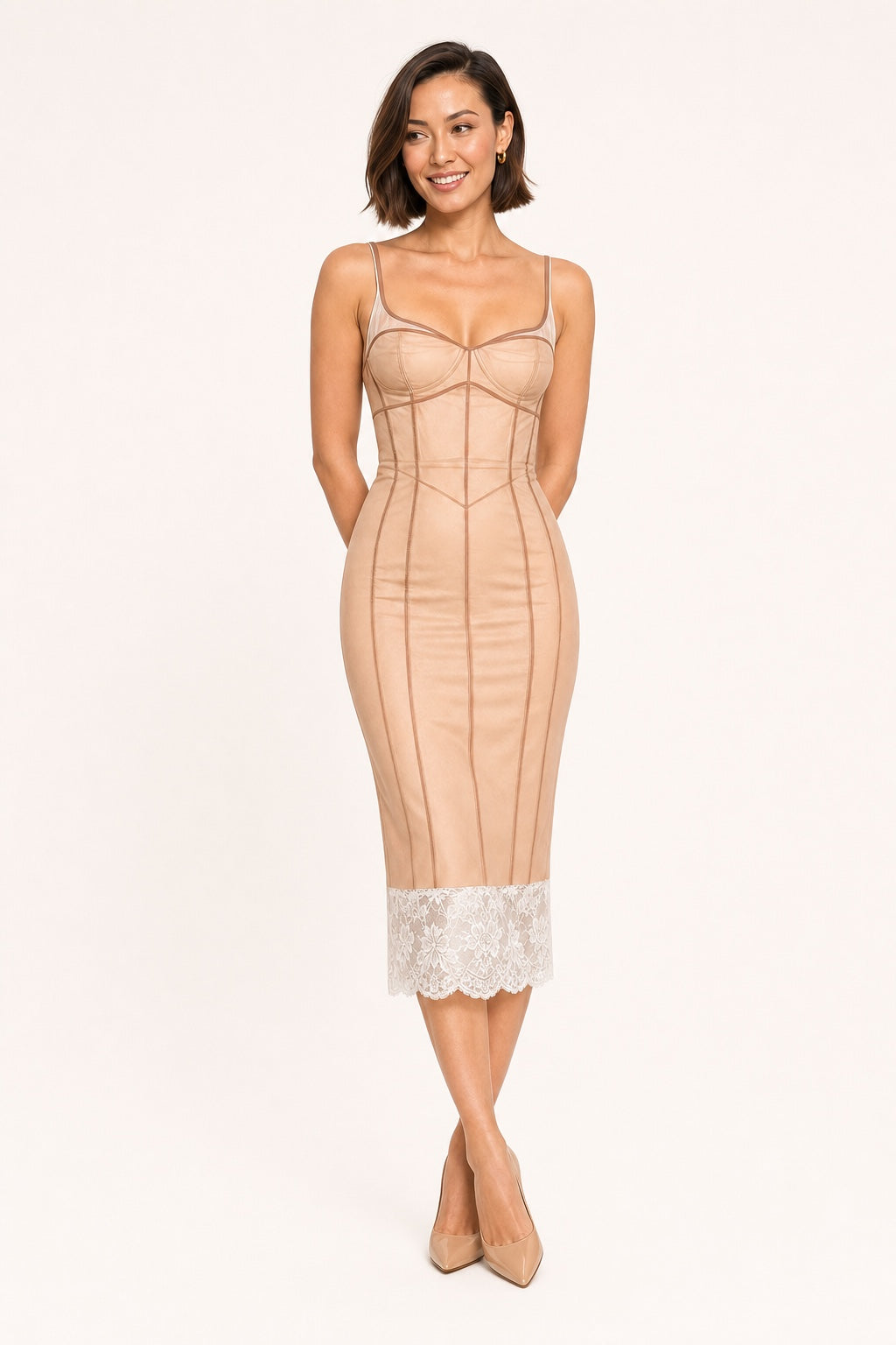 Maya corset-seam lace midi dress in Assorted Colors - nude and white variant view