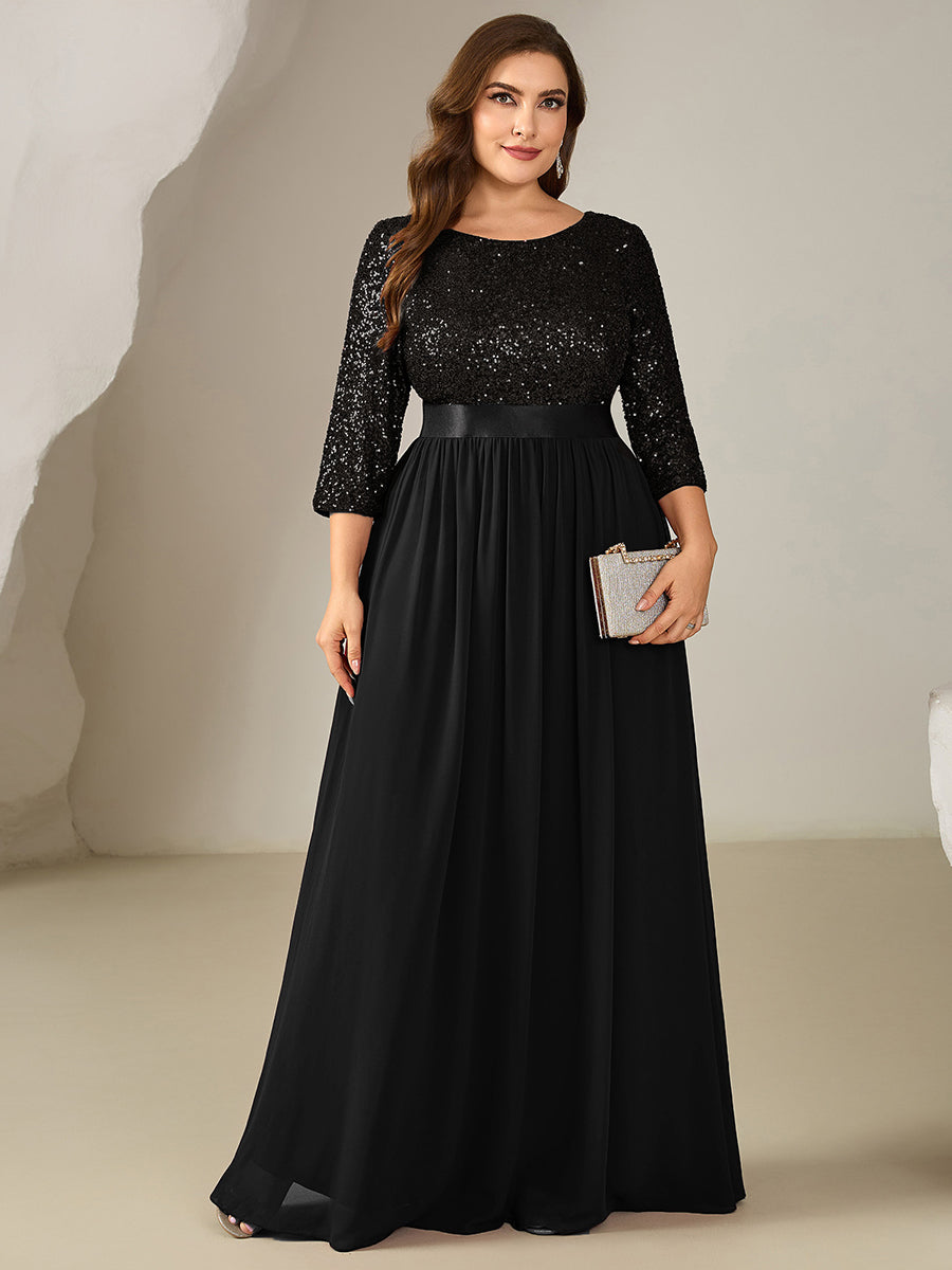 Plus Size Sequin 3/4 Sleeves Evening Dress