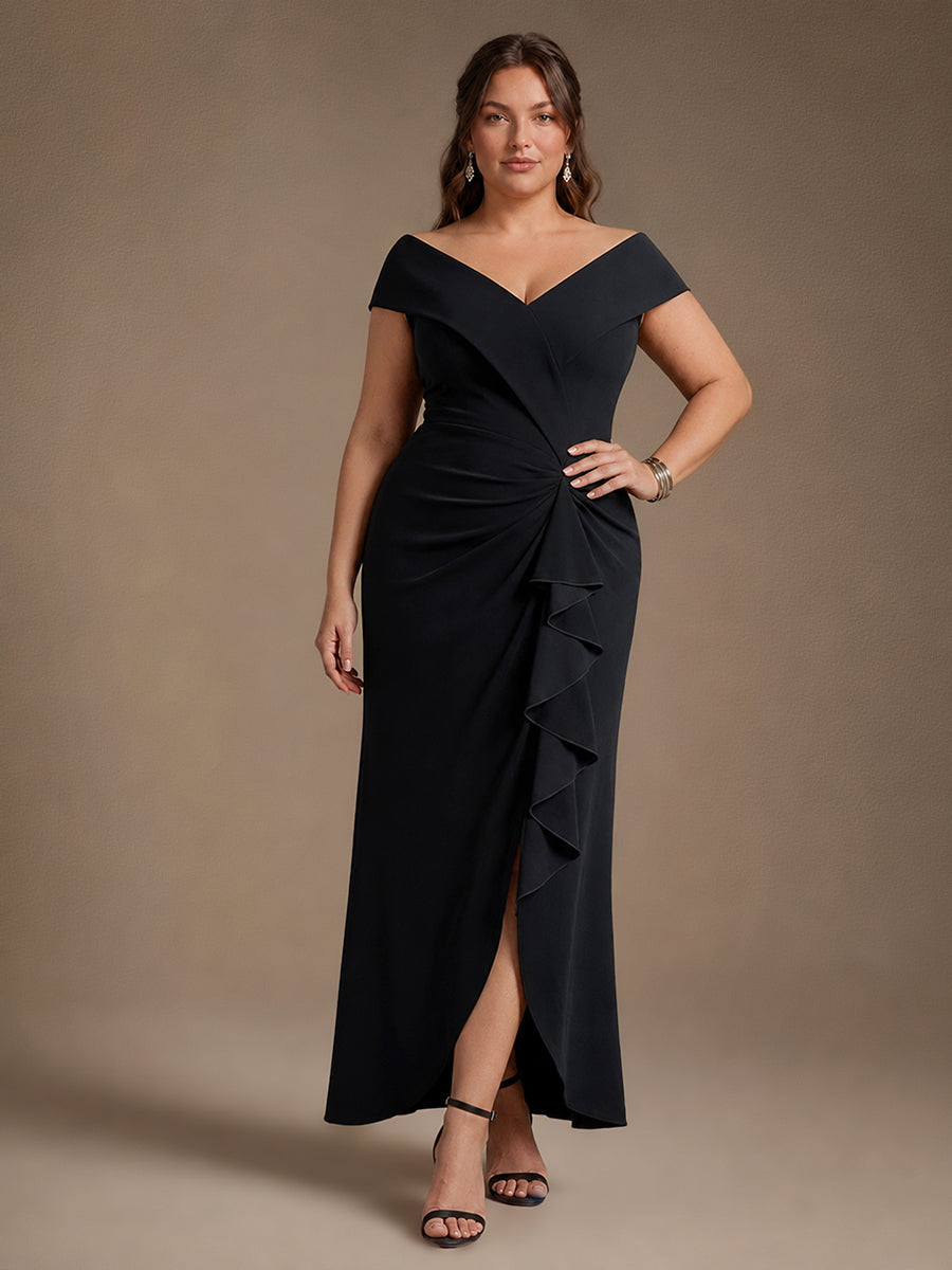 Crepe Ruffle Cap Sleeve Evening Dress