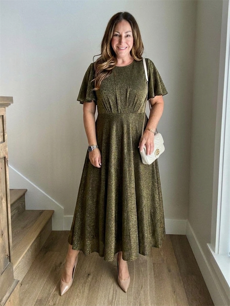 Knit Glitter Ruffle Sleeve A-Line Wedding Guest Dress