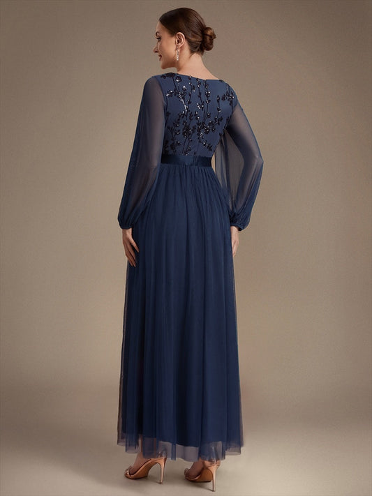 Sequin Puff Long Sleeve Evening Dress