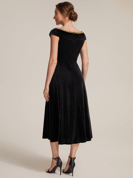 Velvet Cap Sleeve A-Line Wedding Guest Dress