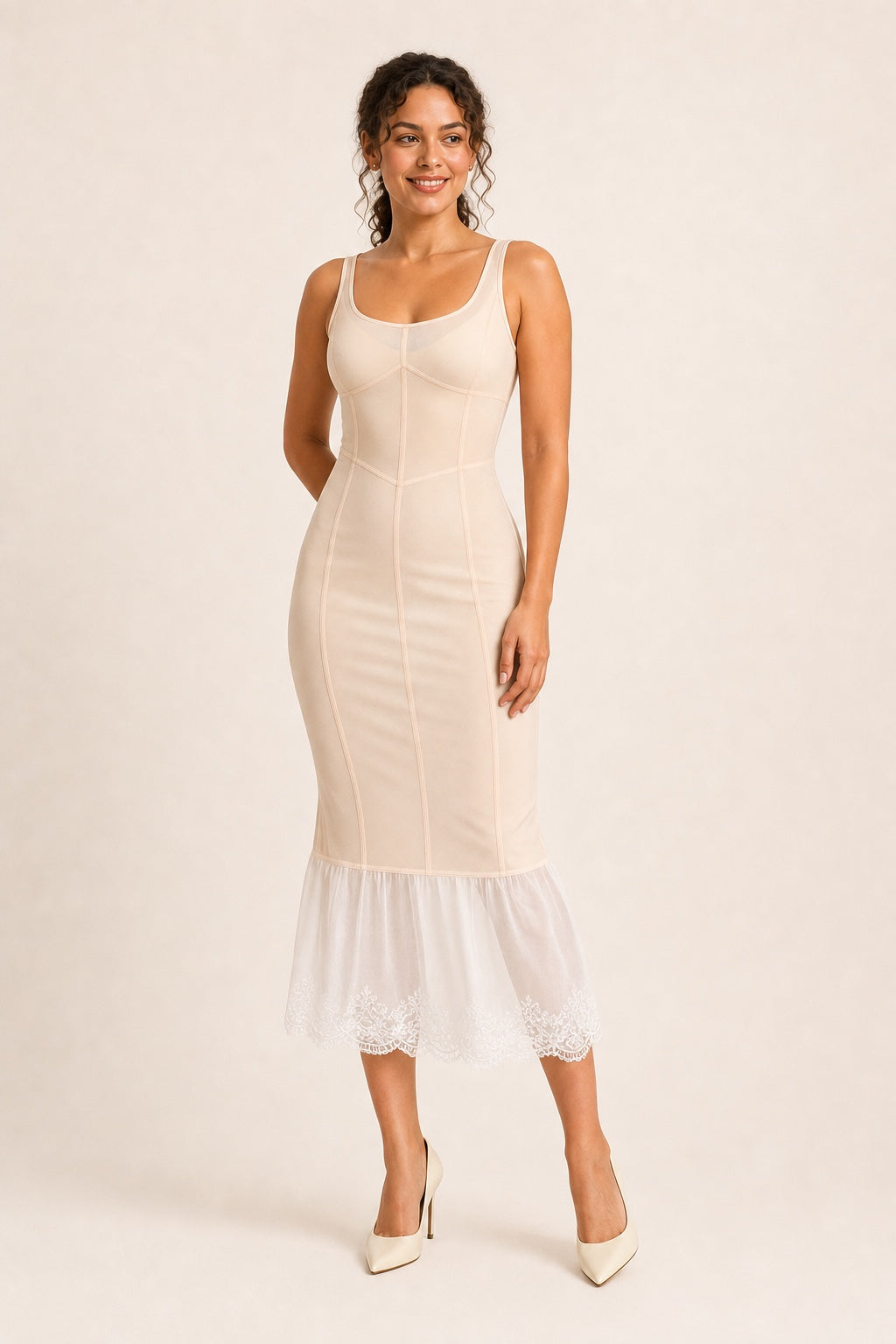 Elena corset-seam midi dress in Multicolor - nude and white lace variant view