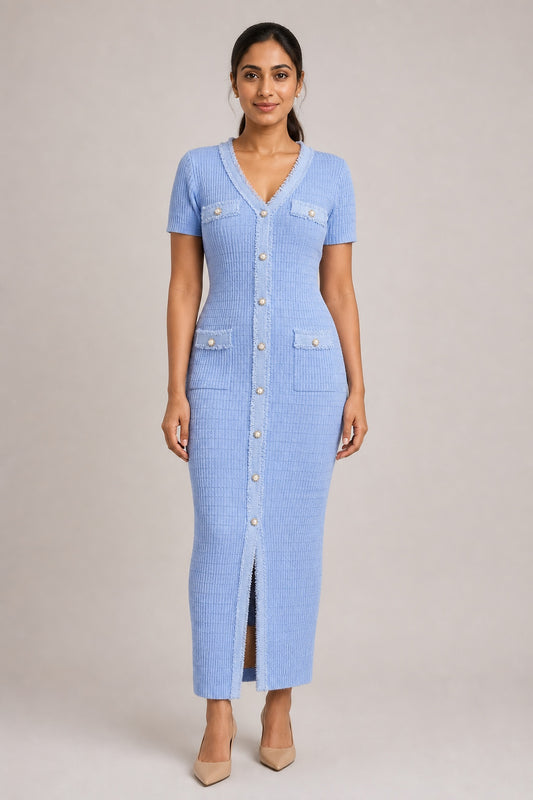 Anna powder-blue knit button-front maxi dress - studio front view