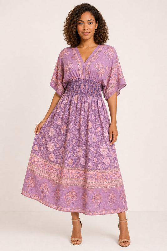 Leah purple floral bohemian swing midi dress - front view