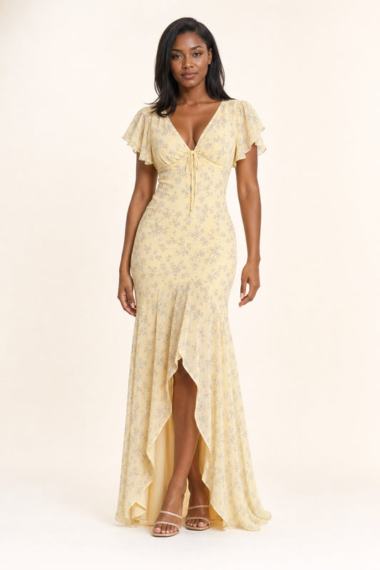 Sarah yellow floral chiffon high-low maxi dress - front view
