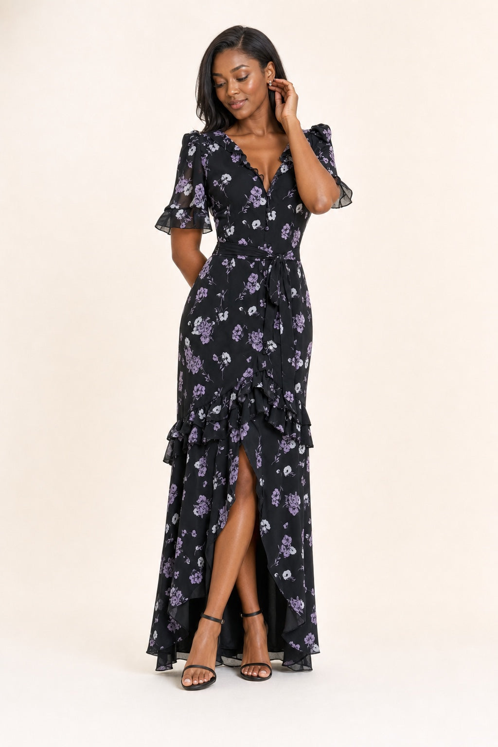 Sarah floral chiffon high-low maxi dress in Black - variant view