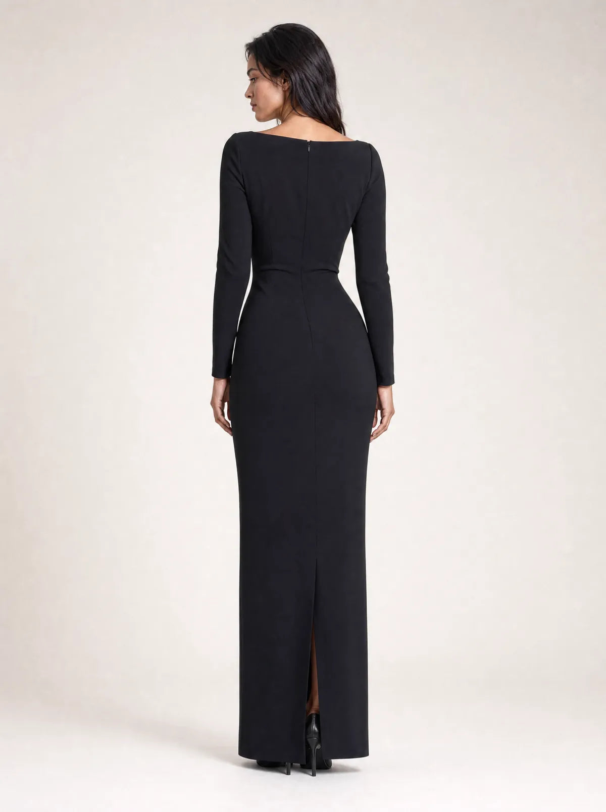Selene black column maxi dress in a full-length back studio view