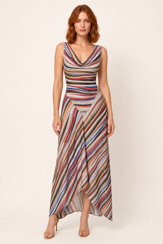 Genesis striped cowl-neck maxi dress - studio front view
