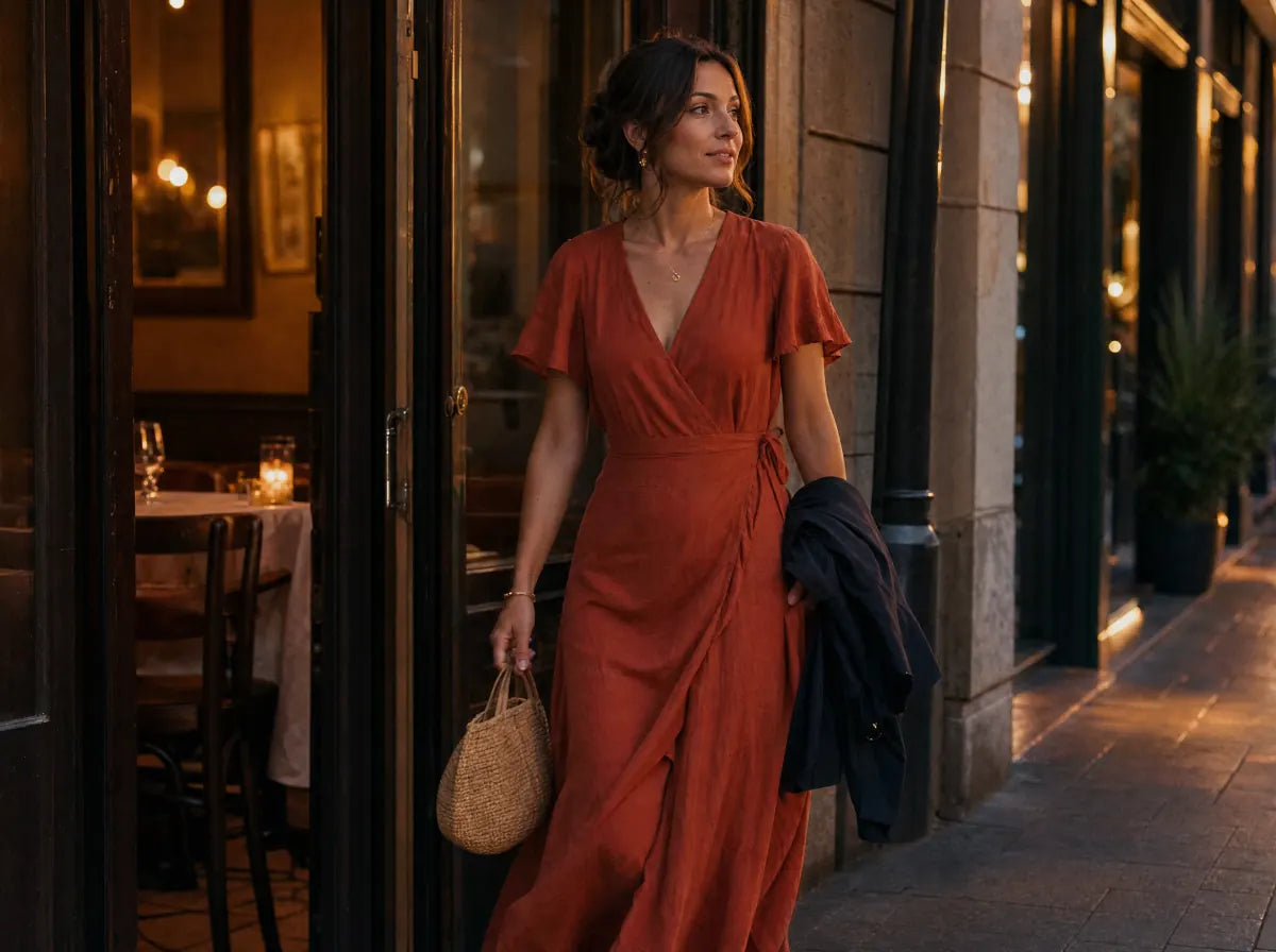 Woman in a terracotta wrap maxi dress leaving a restaurant at dusk