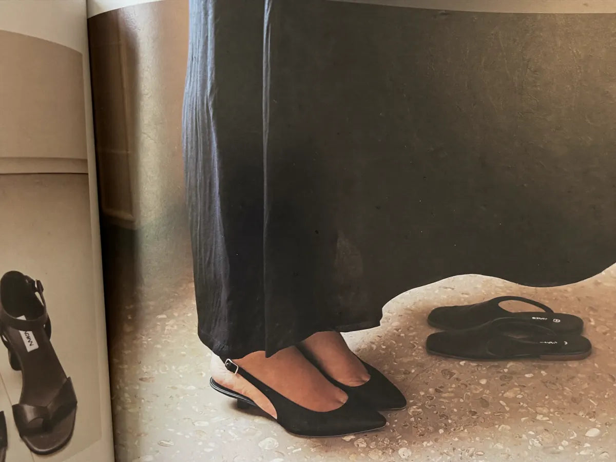 Black maxi dress hem shown with slingback heels, sandals and an ankle boot