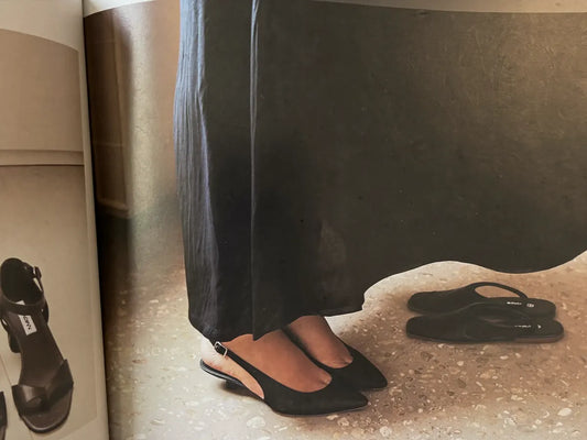 Black maxi dress hem shown with slingback heels, sandals and an ankle boot