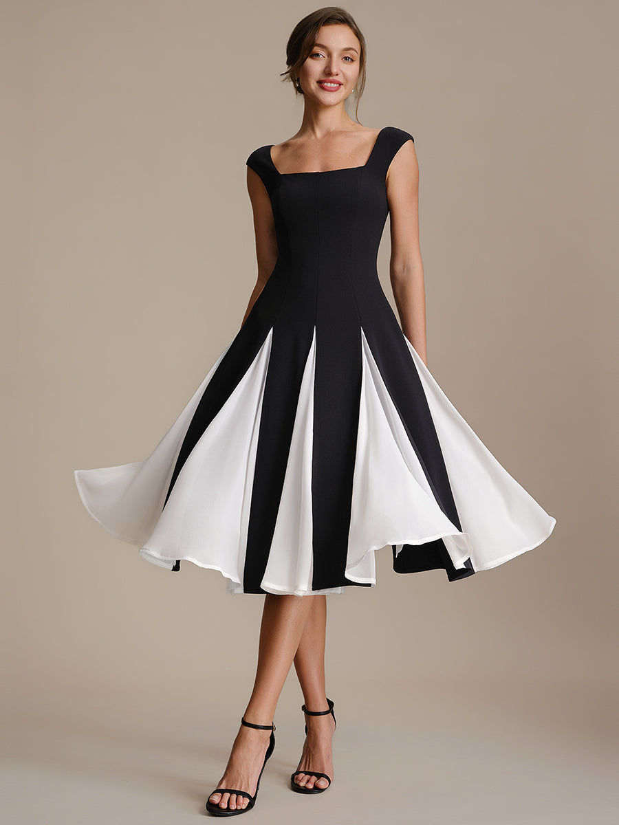 A-Line Midi Cap Sleeve Wedding Guest Dress — Ivory-Black