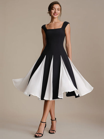 A-Line Midi Cap Sleeve Wedding Guest Dress — Ivory-Black