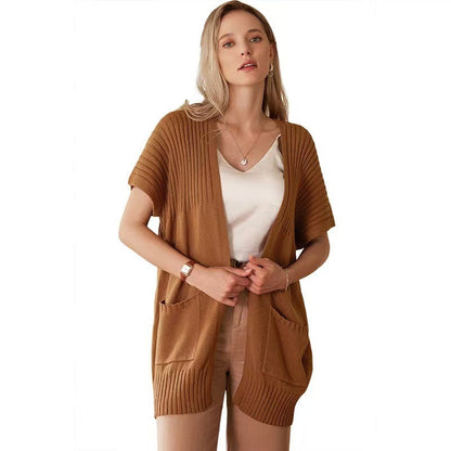 Adelaide | Lightweight Open-Front Knit Cardigan — Brown — Alfa Empire, view 5