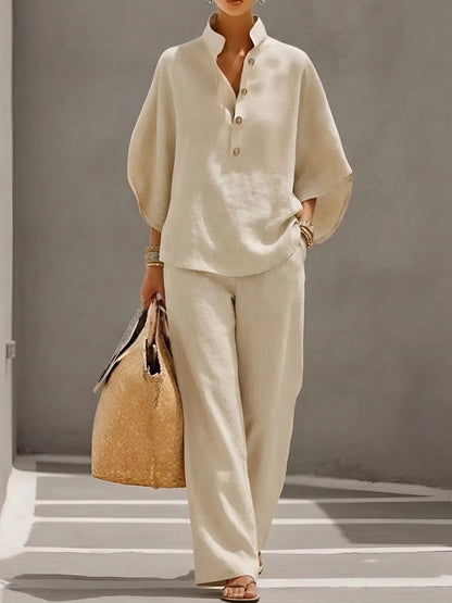 Adelaide | Classic Wide Sleeve and Pant Set — Beige — Alfa Empire, view 1