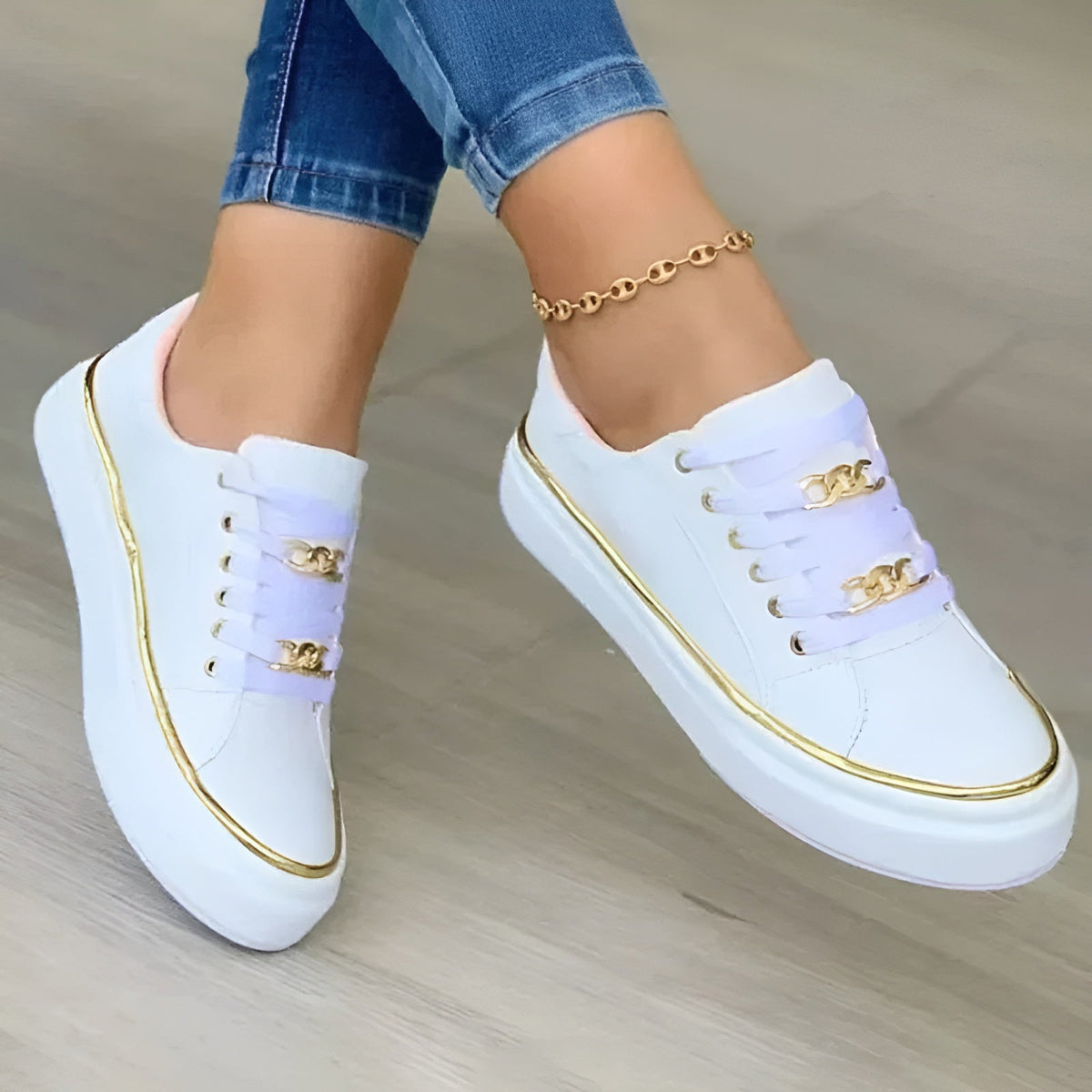 Alexya | Metallic Accent Lace-Up Sneaker — White — Alfa Empire, view 1